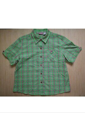 Papagallo Women's Plaid Shirt Check Seersucker Green Pink Buttons Size L Pocket